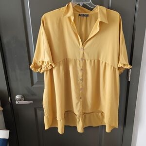 Elegant Mustard Button-Down Shirt with Ruffle Sleeves